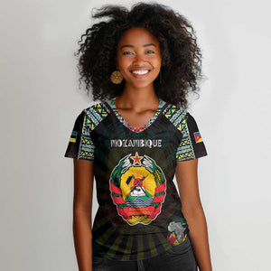 Personalized Mozambique Roots Women V-Neck T-Shirt African Pride in Fingerprint and Tribal Colors