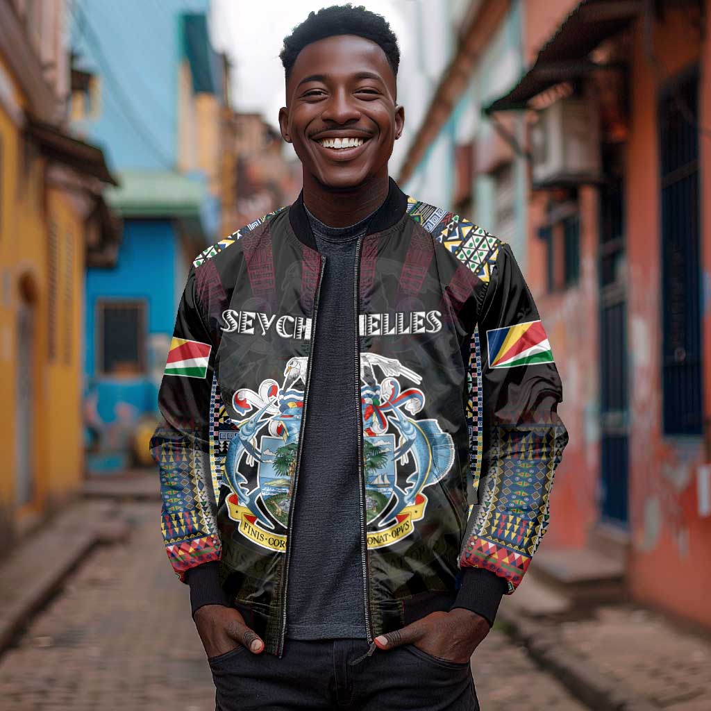 Personalized Seychelles Roots Bomber Jacket African Pride in Fingerprint and Tribal Colors