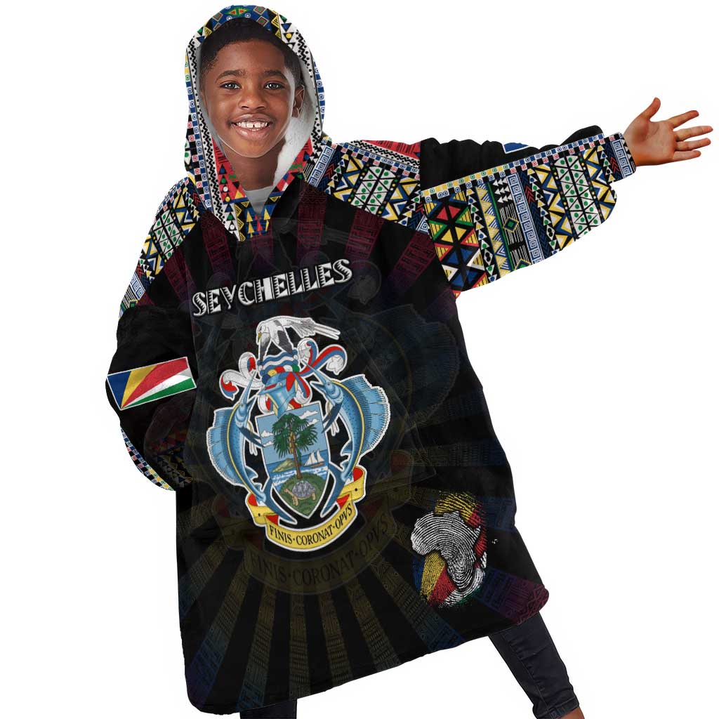 Personalized Seychelles Roots Kid Wearable Blanket Hoodie African Pride in Fingerprint and Tribal Colors