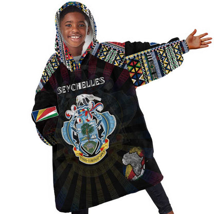 Personalized Seychelles Roots Kid Wearable Blanket Hoodie African Pride in Fingerprint and Tribal Colors
