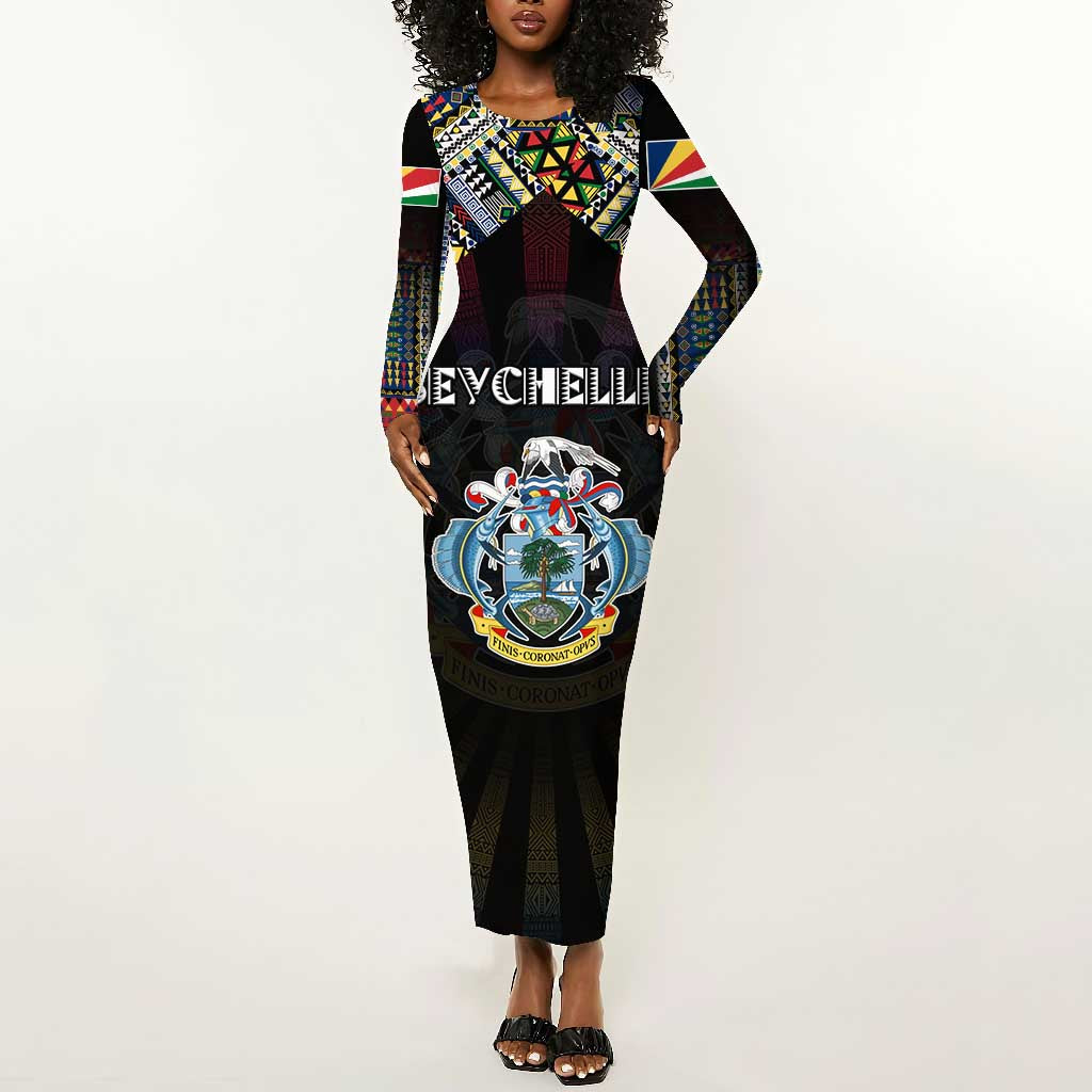 Personalized Seychelles Roots Long Sleeve Bodycon Dress African Pride in Fingerprint and Tribal Colors