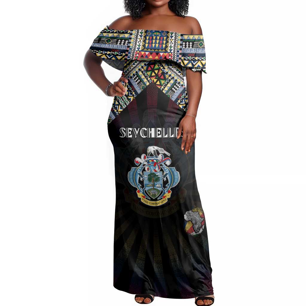 Personalized Seychelles Roots Off Shoulder Maxi Dress African Pride in Fingerprint and Tribal Colors