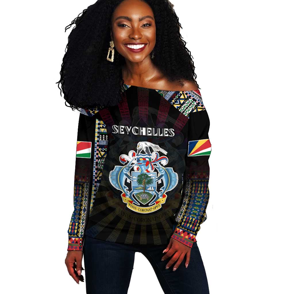 Personalized Seychelles Roots Off Shoulder Sweater African Pride in Fingerprint and Tribal Colors