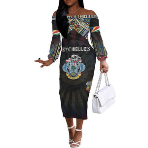 Personalized Seychelles Roots Off The Shoulder Long Sleeve Dress African Pride in Fingerprint and Tribal Colors
