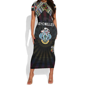 Personalized Seychelles Roots Short Sleeve Bodycon Dress African Pride in Fingerprint and Tribal Colors