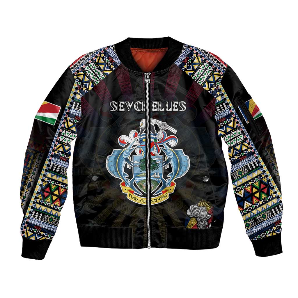 Personalized Seychelles Roots Sleeve Zip Bomber Jacket African Pride in Fingerprint and Tribal Colors