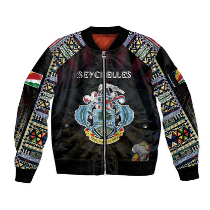 Personalized Seychelles Roots Sleeve Zip Bomber Jacket African Pride in Fingerprint and Tribal Colors