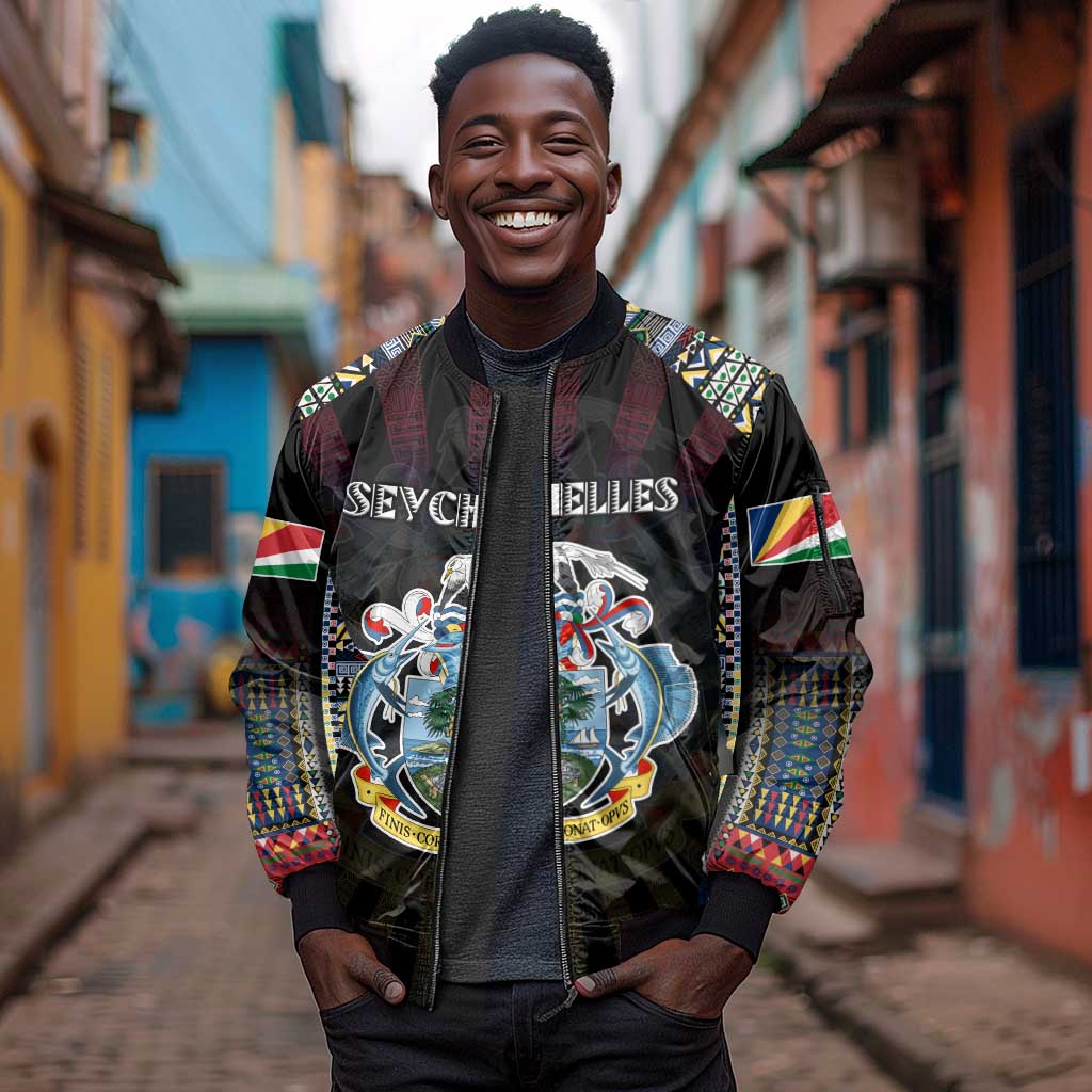 Personalized Seychelles Roots Sleeve Zip Bomber Jacket African Pride in Fingerprint and Tribal Colors