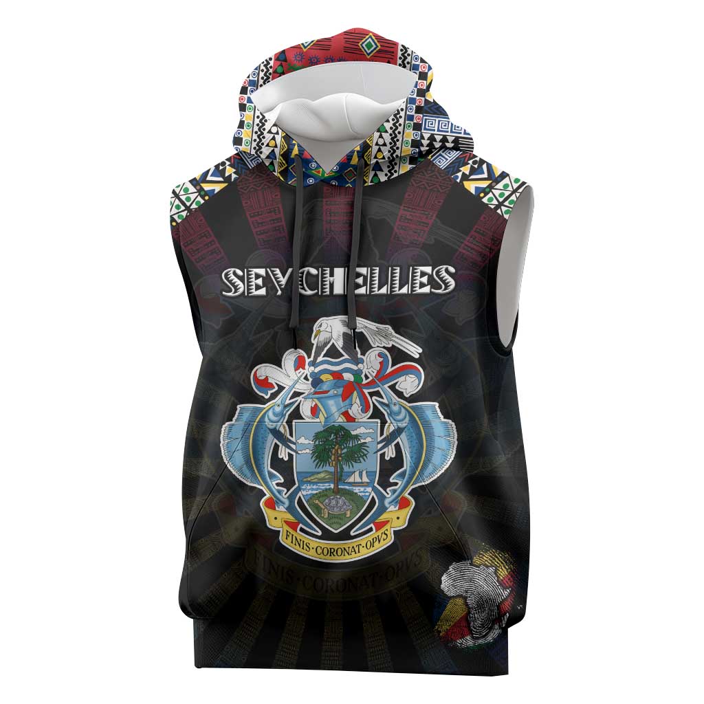 Personalized Seychelles Roots Sleeveless Hoodie African Pride in Fingerprint and Tribal Colors - African Pride