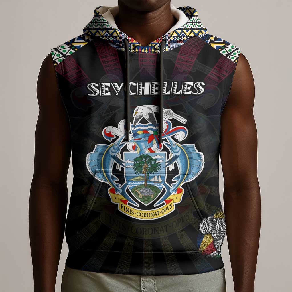Personalized Seychelles Roots Sleeveless Hoodie African Pride in Fingerprint and Tribal Colors - African Pride