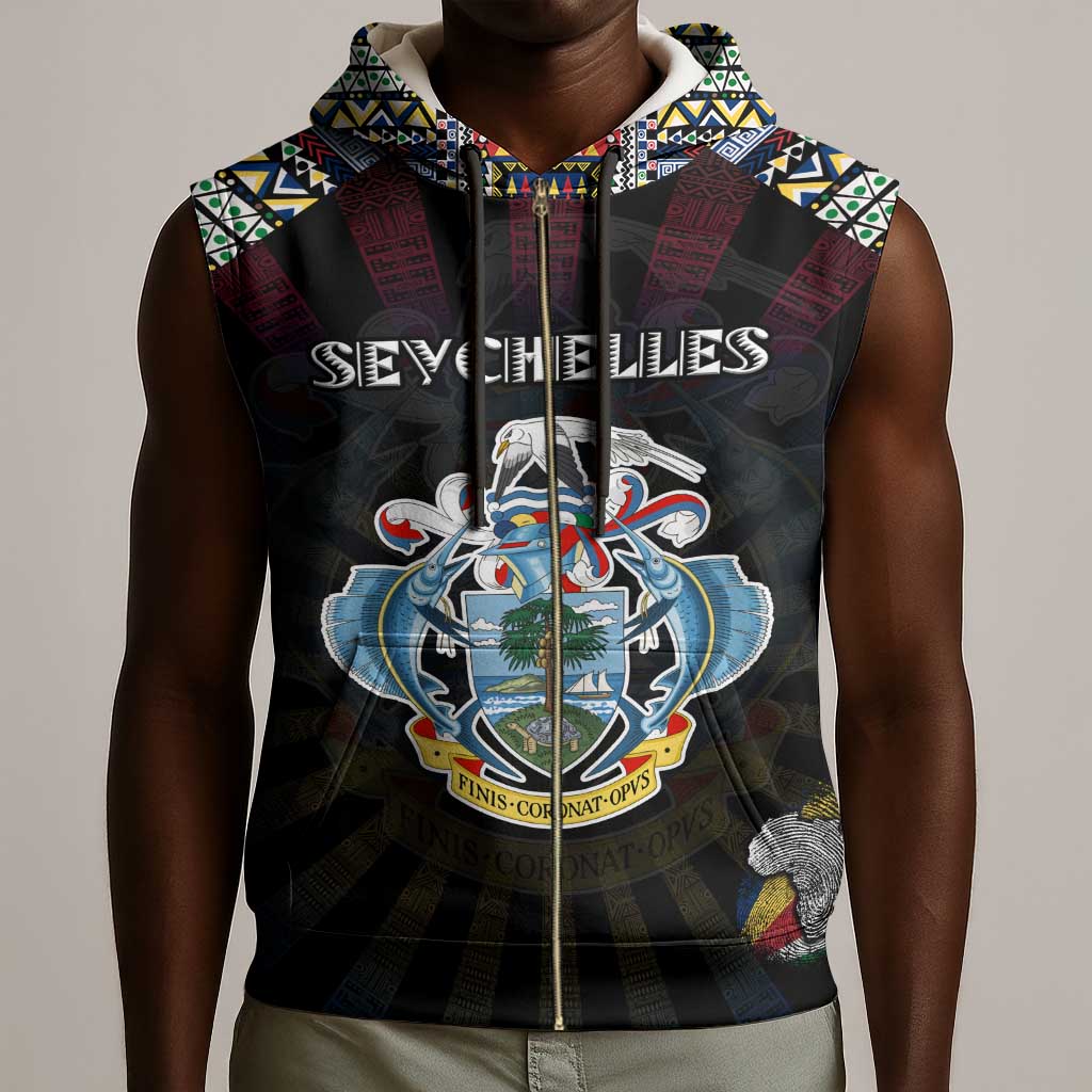Personalized Seychelles Roots Sleeveless Zip Hoodie African Pride in Fingerprint and Tribal Colors - African Pride