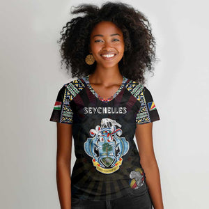 Personalized Seychelles Roots Women V-Neck T-Shirt African Pride in Fingerprint and Tribal Colors