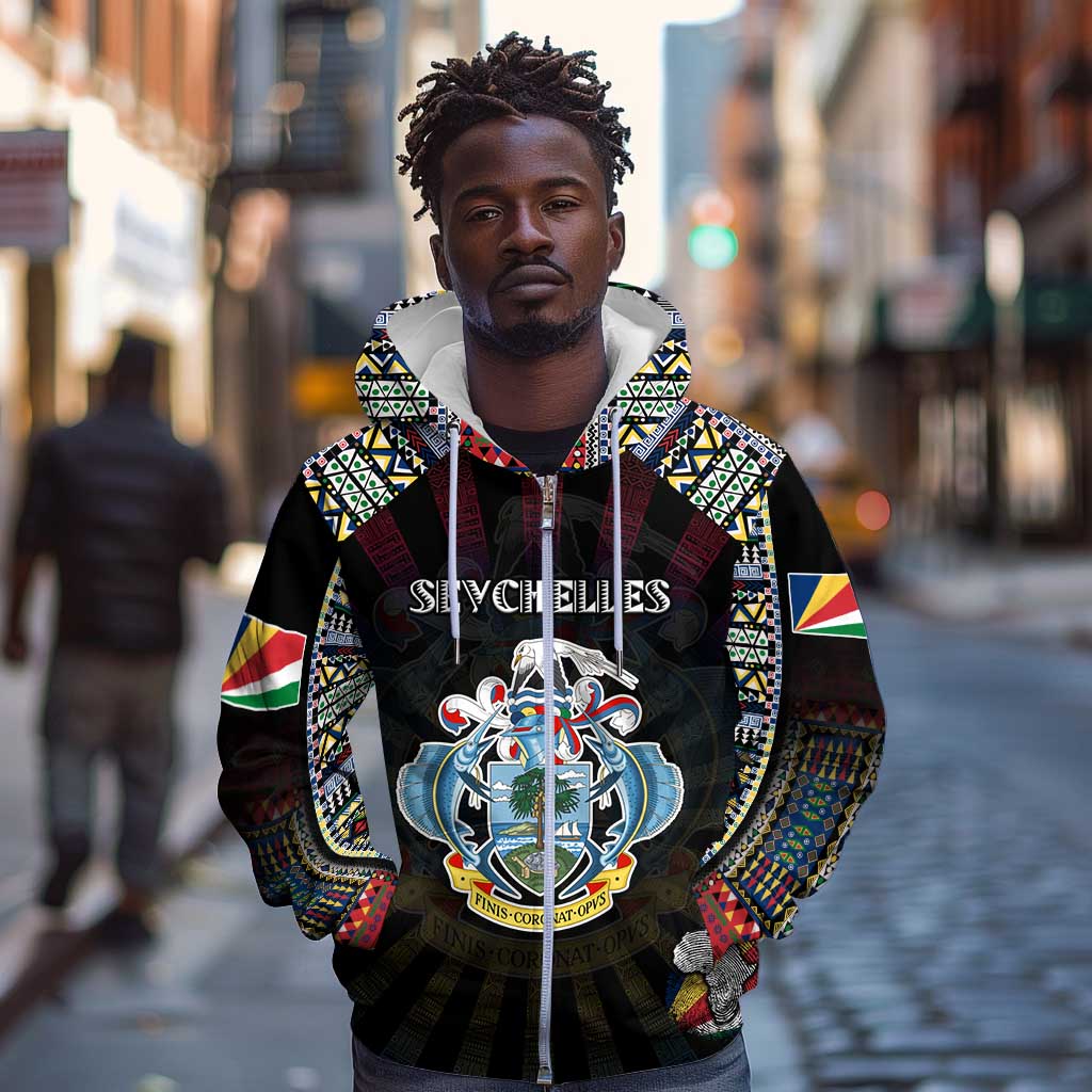 Personalized Seychelles Roots Zip Hoodie African Pride in Fingerprint and Tribal Colors