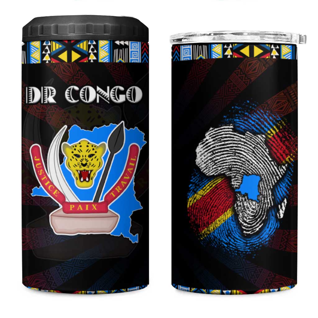 DR Congo Roots 4 in 1 Can Cooler Tumbler African Pride in Fingerprint and Tribal Colors