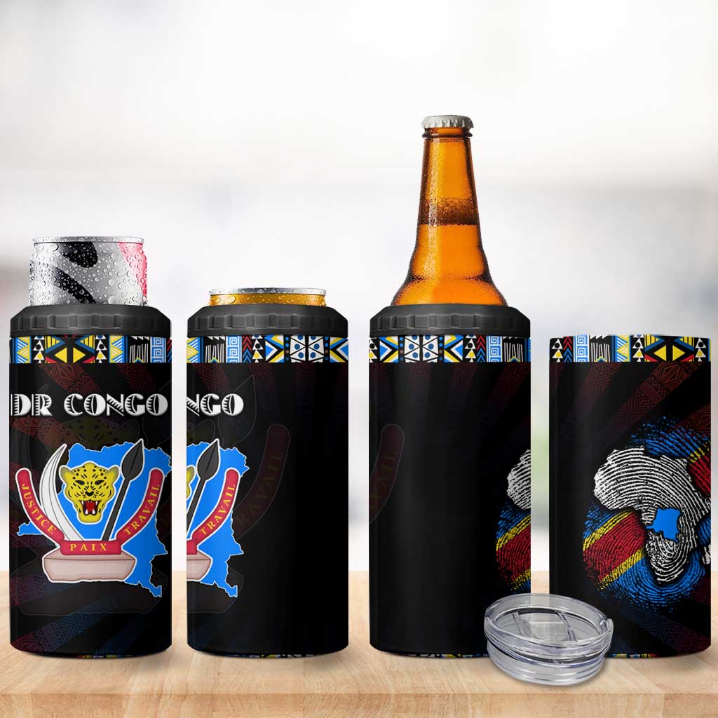 DR Congo Roots 4 in 1 Can Cooler Tumbler African Pride in Fingerprint and Tribal Colors