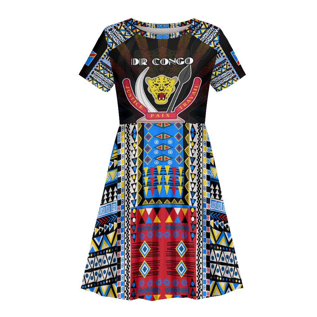Personalized DR Congo Roots Kid Short Sleeve Dress African Pride in Fingerprint and Tribal Colors