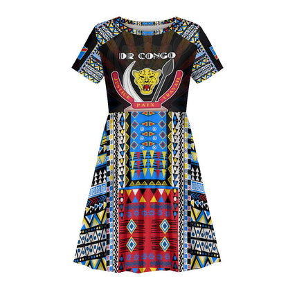 Personalized DR Congo Roots Kid Short Sleeve Dress African Pride in Fingerprint and Tribal Colors