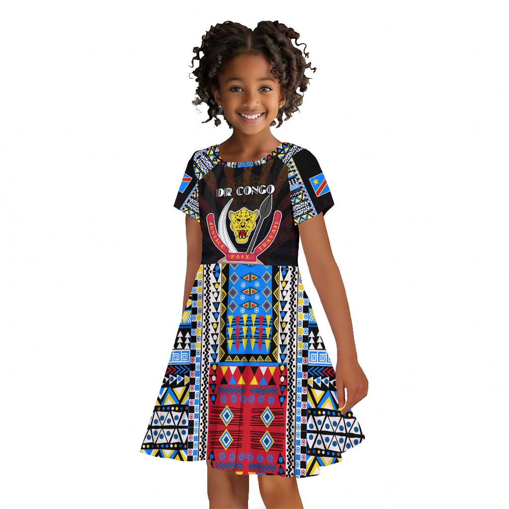 Personalized DR Congo Roots Kid Short Sleeve Dress African Pride in Fingerprint and Tribal Colors