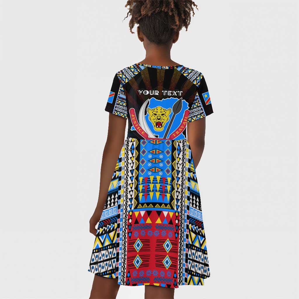 Personalized DR Congo Roots Kid Short Sleeve Dress African Pride in Fingerprint and Tribal Colors