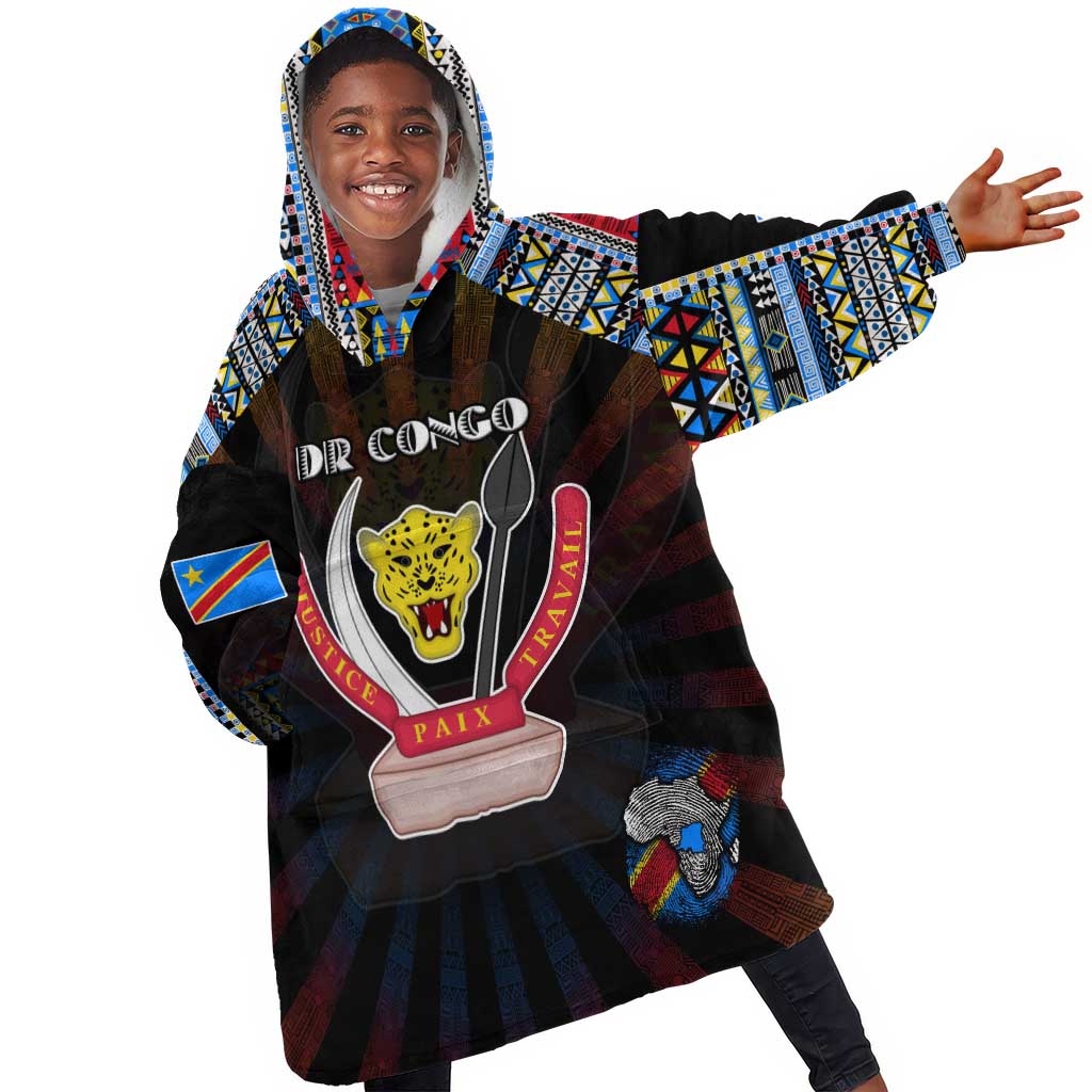 Personalized DR Congo Roots Kid Wearable Blanket Hoodie African Pride in Fingerprint and Tribal Colors