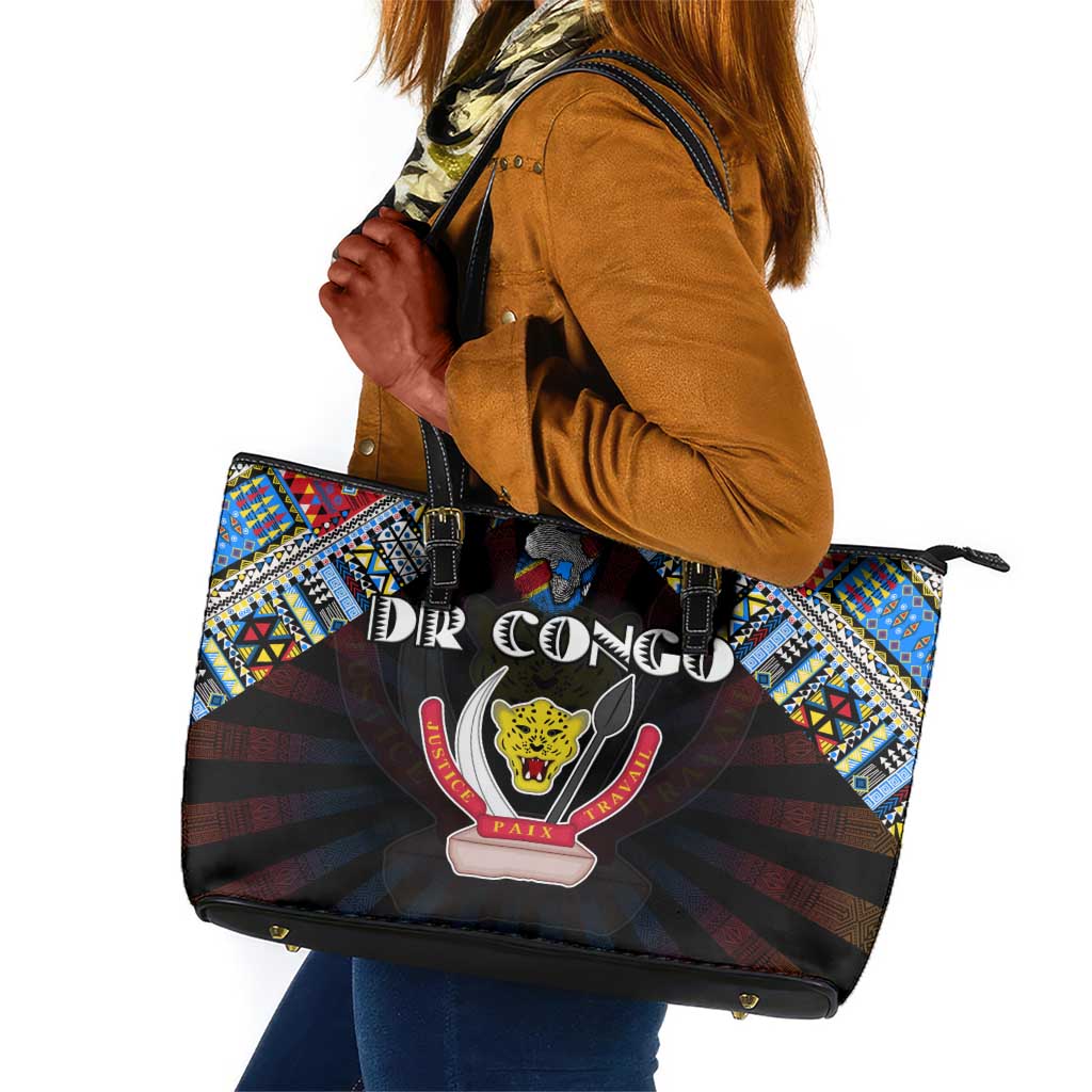 DR Congo Roots Leather Tote Bag African Pride in Fingerprint and Tribal Colors
