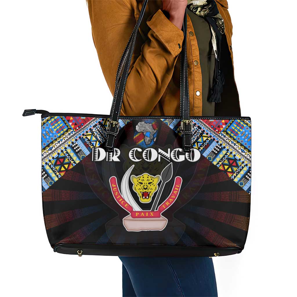 DR Congo Roots Leather Tote Bag African Pride in Fingerprint and Tribal Colors