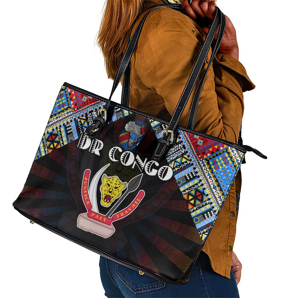 DR Congo Roots Leather Tote Bag African Pride in Fingerprint and Tribal Colors