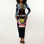 Personalized DR Congo Roots Long Sleeve Bodycon Dress African Pride in Fingerprint and Tribal Colors