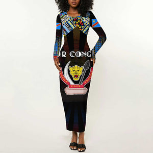 Personalized DR Congo Roots Long Sleeve Bodycon Dress African Pride in Fingerprint and Tribal Colors