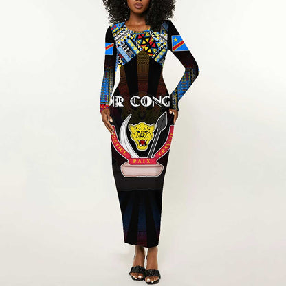Personalized DR Congo Roots Long Sleeve Bodycon Dress African Pride in Fingerprint and Tribal Colors