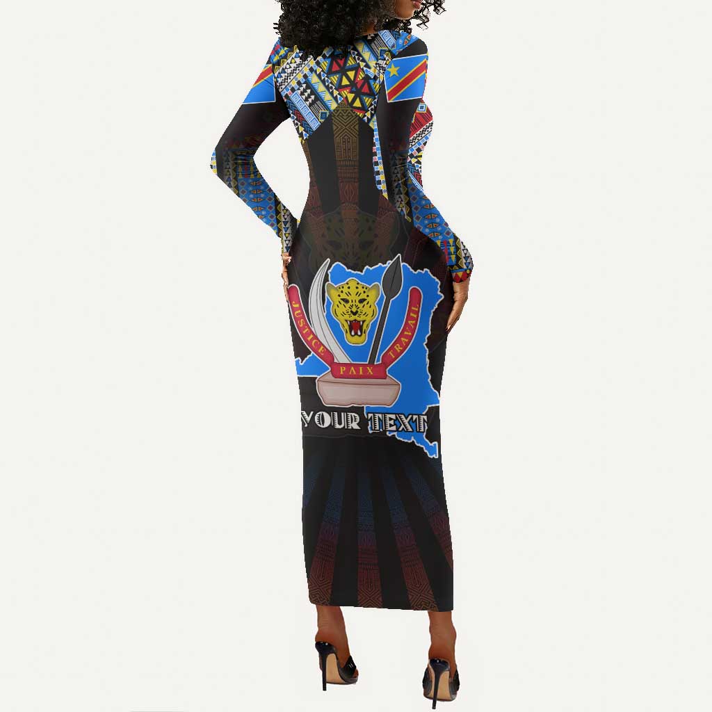 Personalized DR Congo Roots Long Sleeve Bodycon Dress African Pride in Fingerprint and Tribal Colors