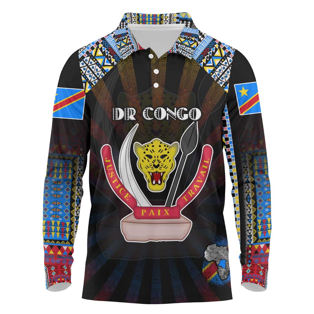 Personalized DR Congo Roots Long Sleeve Polo Shirt African Pride in Fingerprint and Tribal Colors
