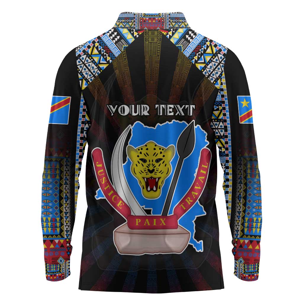Personalized DR Congo Roots Long Sleeve Polo Shirt African Pride in Fingerprint and Tribal Colors