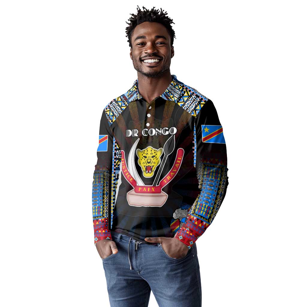 Personalized DR Congo Roots Long Sleeve Polo Shirt African Pride in Fingerprint and Tribal Colors
