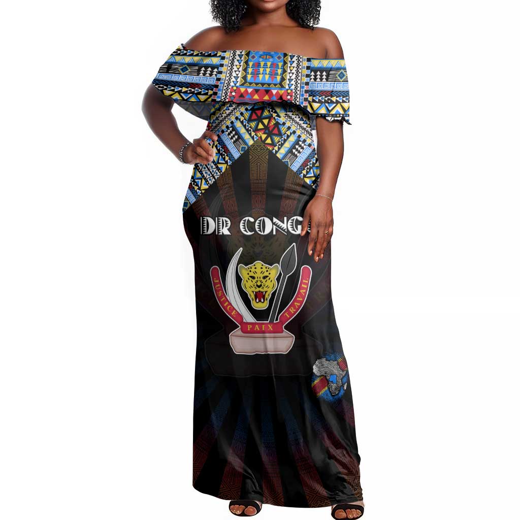 Personalized DR Congo Roots Off Shoulder Maxi Dress African Pride in Fingerprint and Tribal Colors