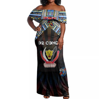 Personalized DR Congo Roots Off Shoulder Maxi Dress African Pride in Fingerprint and Tribal Colors