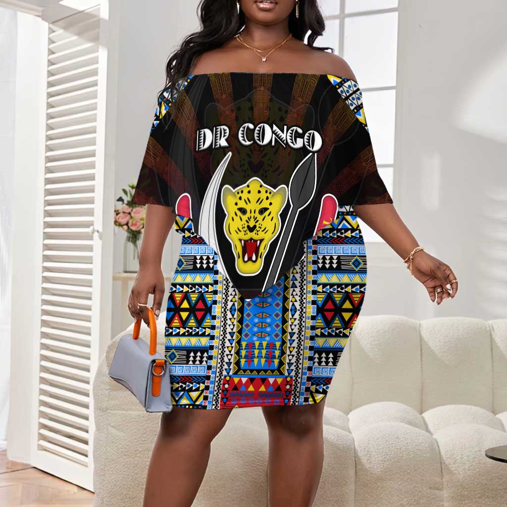 Personalized DR Congo Roots Off Shoulder Short Dress African Pride in Fingerprint and Tribal Colors