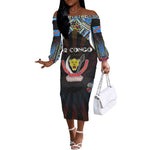 Personalized DR Congo Roots Off The Shoulder Long Sleeve Dress African Pride in Fingerprint and Tribal Colors