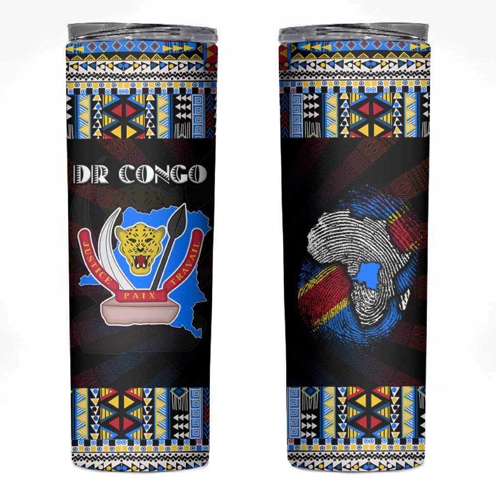 DR Congo Roots Skinny Tumbler African Pride in Fingerprint and Tribal Colors
