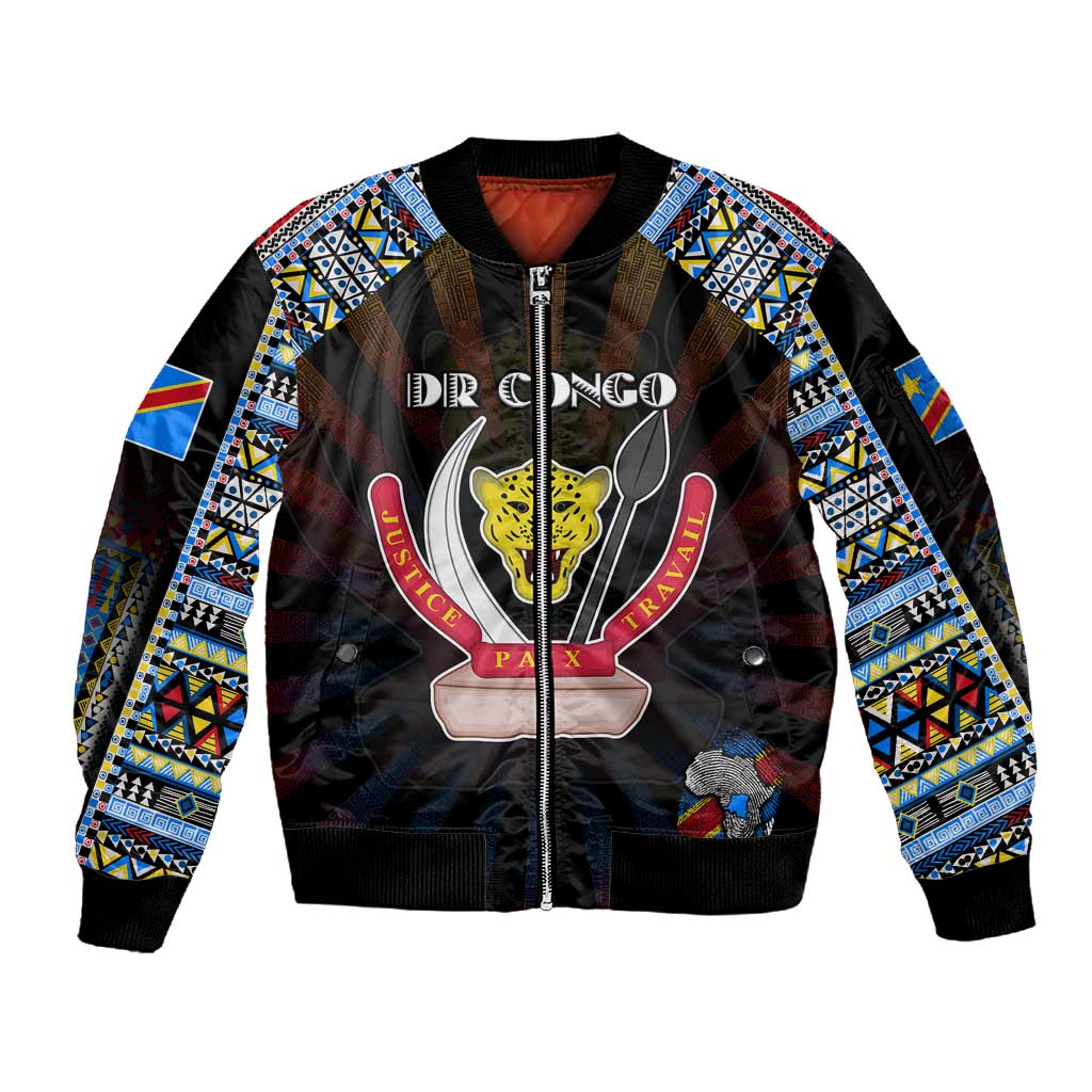Personalized DR Congo Roots Sleeve Zip Bomber Jacket African Pride in Fingerprint and Tribal Colors