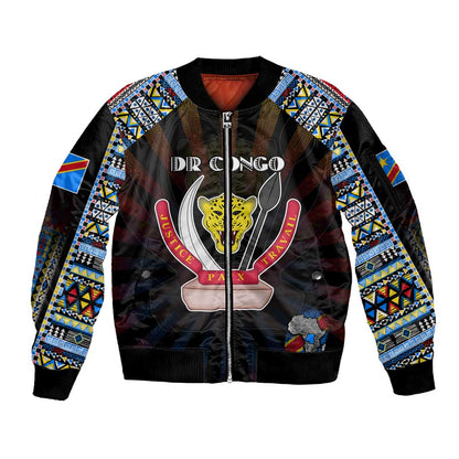 Personalized DR Congo Roots Sleeve Zip Bomber Jacket African Pride in Fingerprint and Tribal Colors