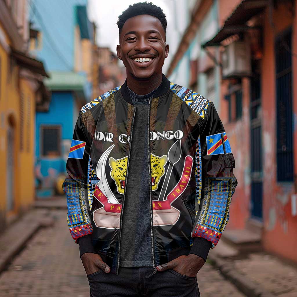 Personalized DR Congo Roots Sleeve Zip Bomber Jacket African Pride in Fingerprint and Tribal Colors