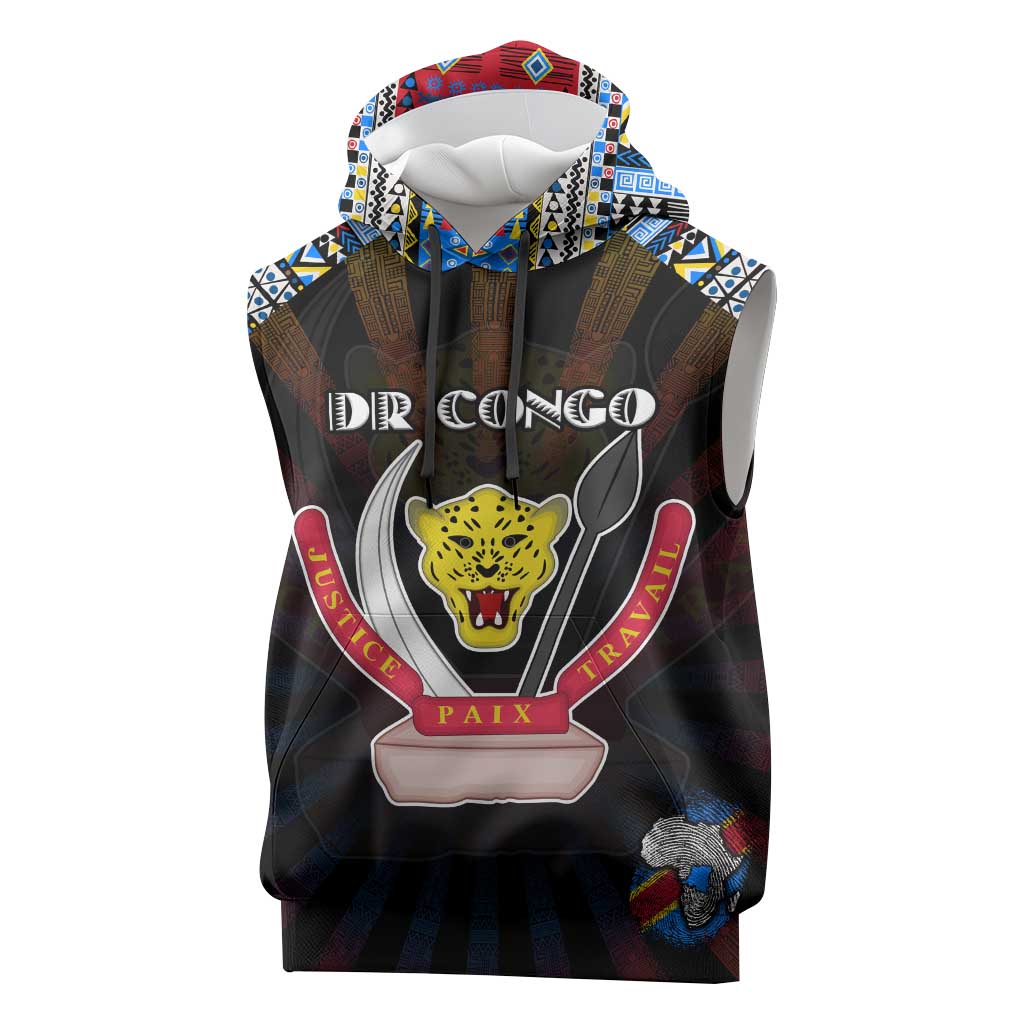 Personalized DR Congo Roots Sleeveless Hoodie African Pride in Fingerprint and Tribal Colors - African Pride
