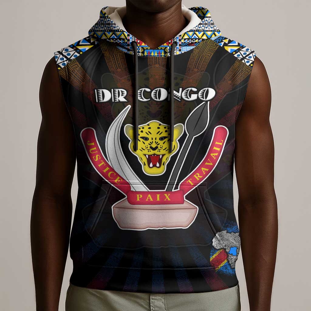 Personalized DR Congo Roots Sleeveless Hoodie African Pride in Fingerprint and Tribal Colors - African Pride