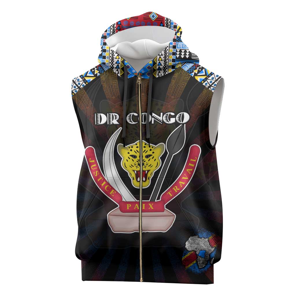 Personalized DR Congo Roots Sleeveless Zip Hoodie African Pride in Fingerprint and Tribal Colors - African Pride