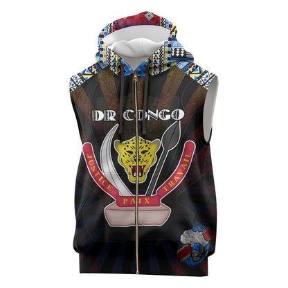 Personalized DR Congo Roots Sleeveless Zip Hoodie African Pride in Fingerprint and Tribal Colors - African Pride