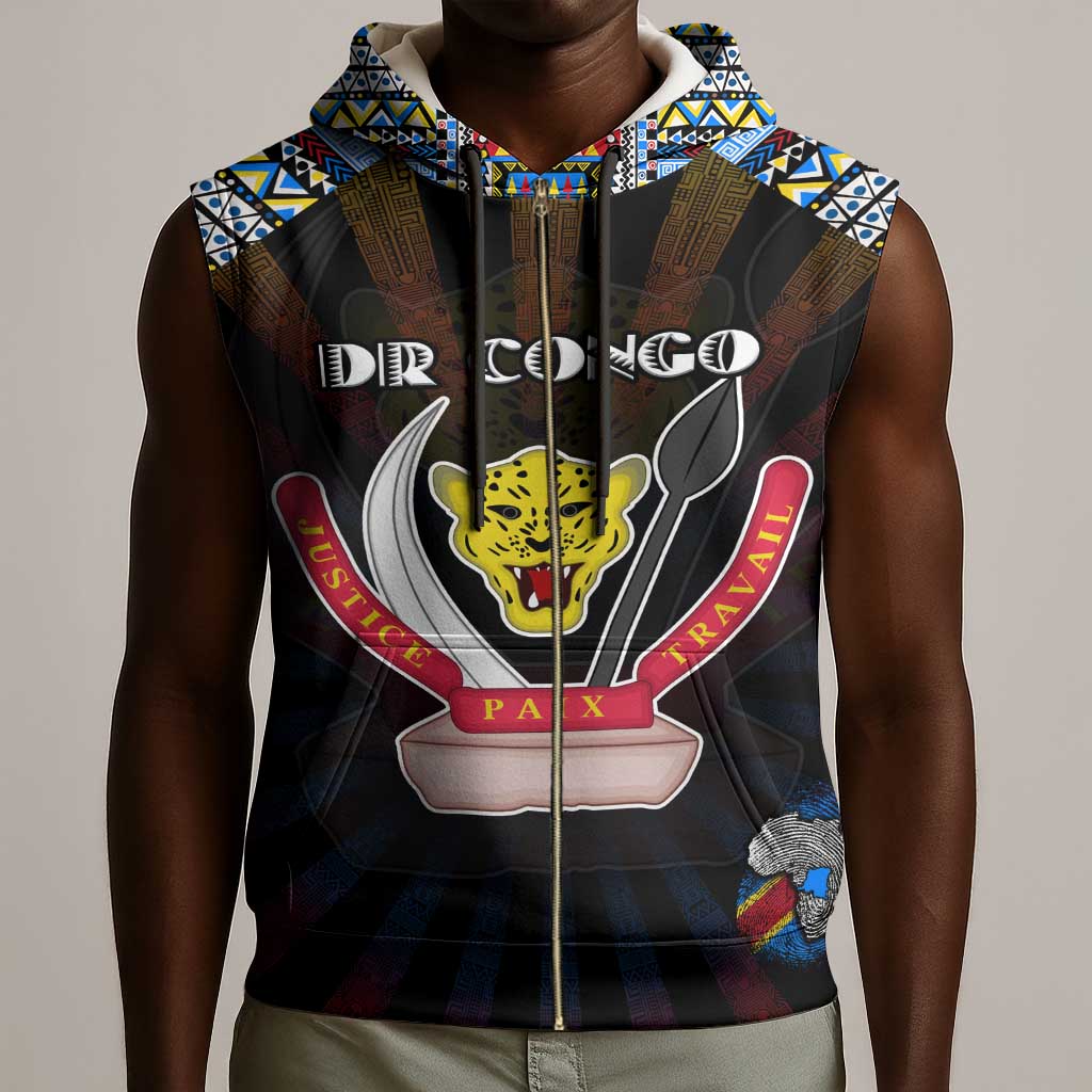 Personalized DR Congo Roots Sleeveless Zip Hoodie African Pride in Fingerprint and Tribal Colors - African Pride