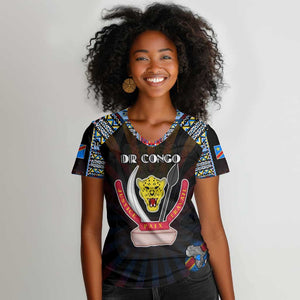 Personalized DR Congo Roots Women V-Neck T-Shirt African Pride in Fingerprint and Tribal Colors
