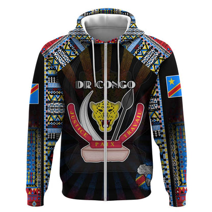 Personalized DR Congo Roots Zip Hoodie African Pride in Fingerprint and Tribal Colors
