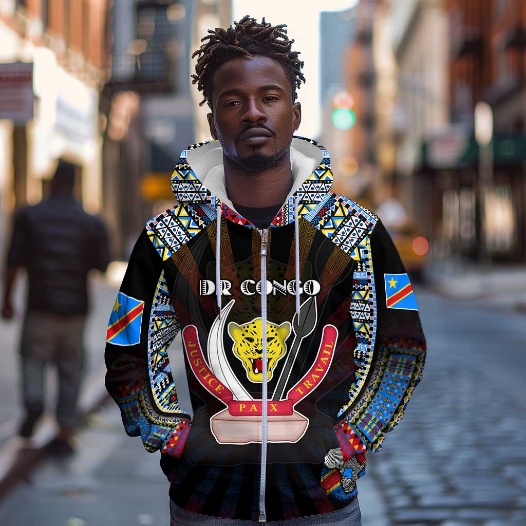 Personalized DR Congo Roots Zip Hoodie African Pride in Fingerprint and Tribal Colors